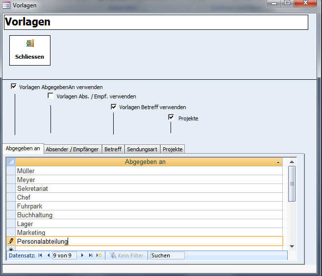 Postbuch Plus - Posteingangsbuch, Postausgangsbuch f�r Verwaltungen, �mter und Beh�rden - "Abgegeben an:" 