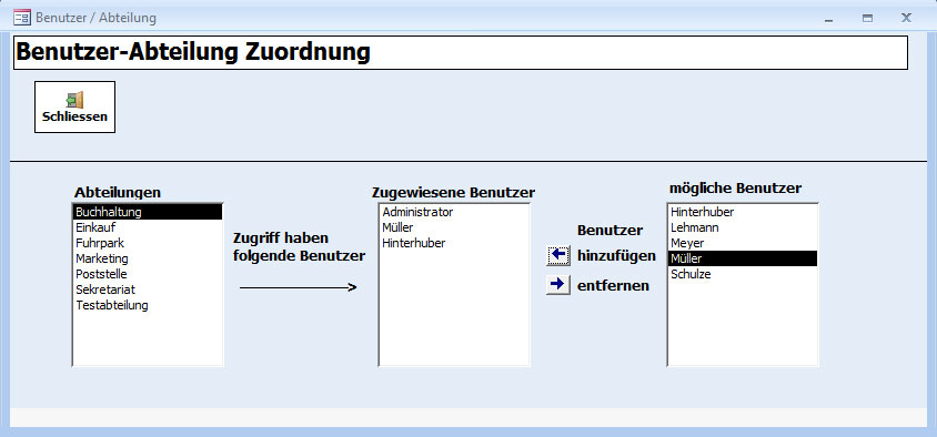 Postbuch Plus - Posteingangsbuch, Postausgangsbuch f�r Verwaltungen, �mter und Beh�rden - Bearbeiter zu Abteilungen zuordnen-