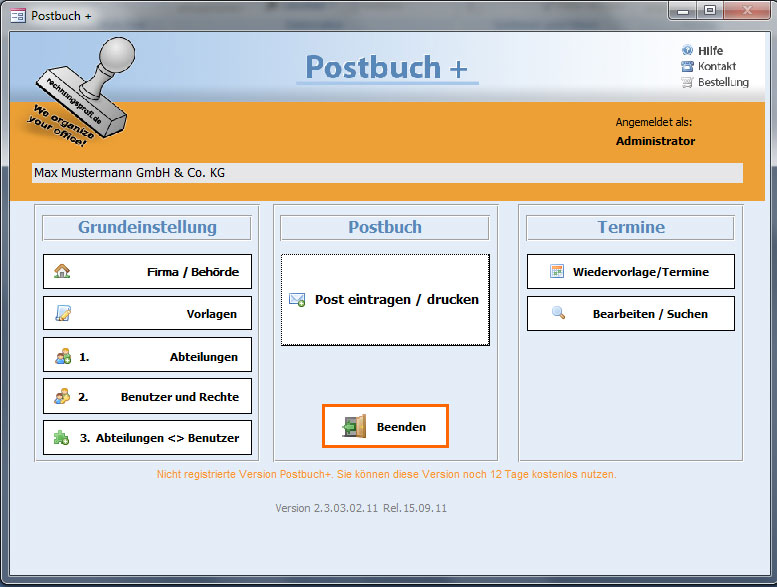 Postbuch Plus - Posteingangsbuch, Postausgangsbuch f�r Verwaltungen, �mter und Beh�rden -  Posteingang / Postausgang "Hilfefunktion" -