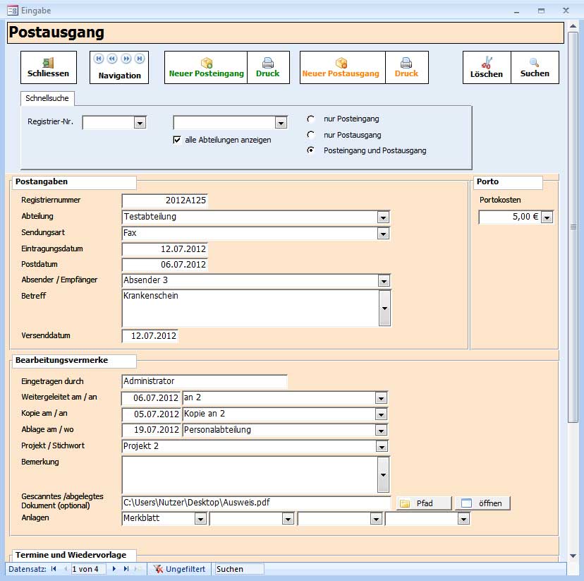 Postbuch Plus - Posteingangsbuch, Postausgangsbuch f�r Verwaltungen, �mter und Beh�rden -  Posteingang / Postausgang "zuletzt bearbeitet" -