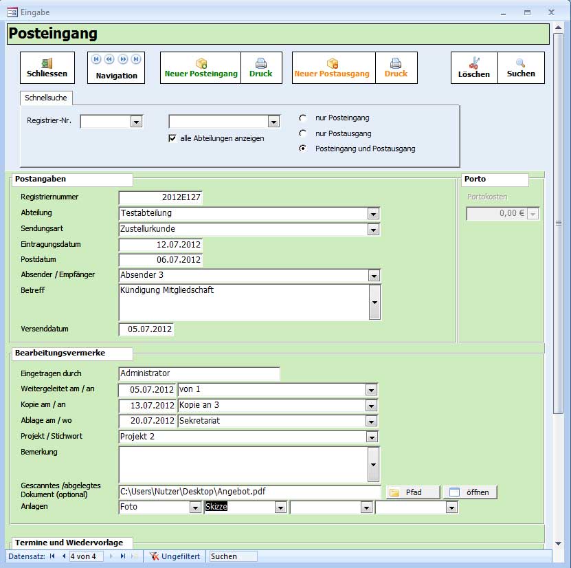 Postbuch Plus - Posteingangsbuch, Postausgangsbuch f�r Verwaltungen, �mter und Beh�rden -  Posteingang / Postausgang "zuletzt bearbeitet" -