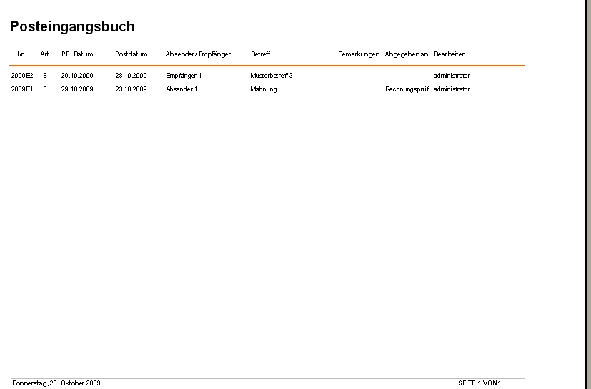 Postbuch - Posteingangsbuch, Postausgangsbuch f�r Verwaltungen, �mter und Beh�rden -  Posteingang / Postausgang "Posteingangsbuch" -